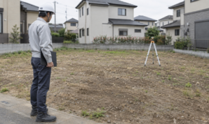 住宅用地の地面を確認する作業着姿の人物と測量用の三脚
