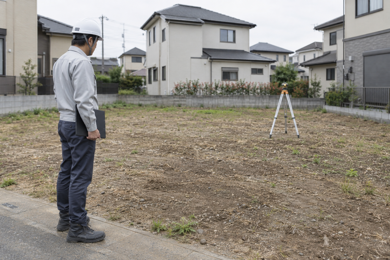 住宅用地の地面を確認する作業着姿の人物と測量用の三脚