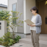 戸建て住宅の玄関前で維持管理の資料を確認する女性