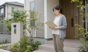 戸建て住宅の玄関前で維持管理の資料を確認する女性