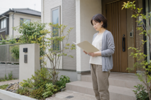 戸建て住宅の玄関前で維持管理の資料を確認する女性