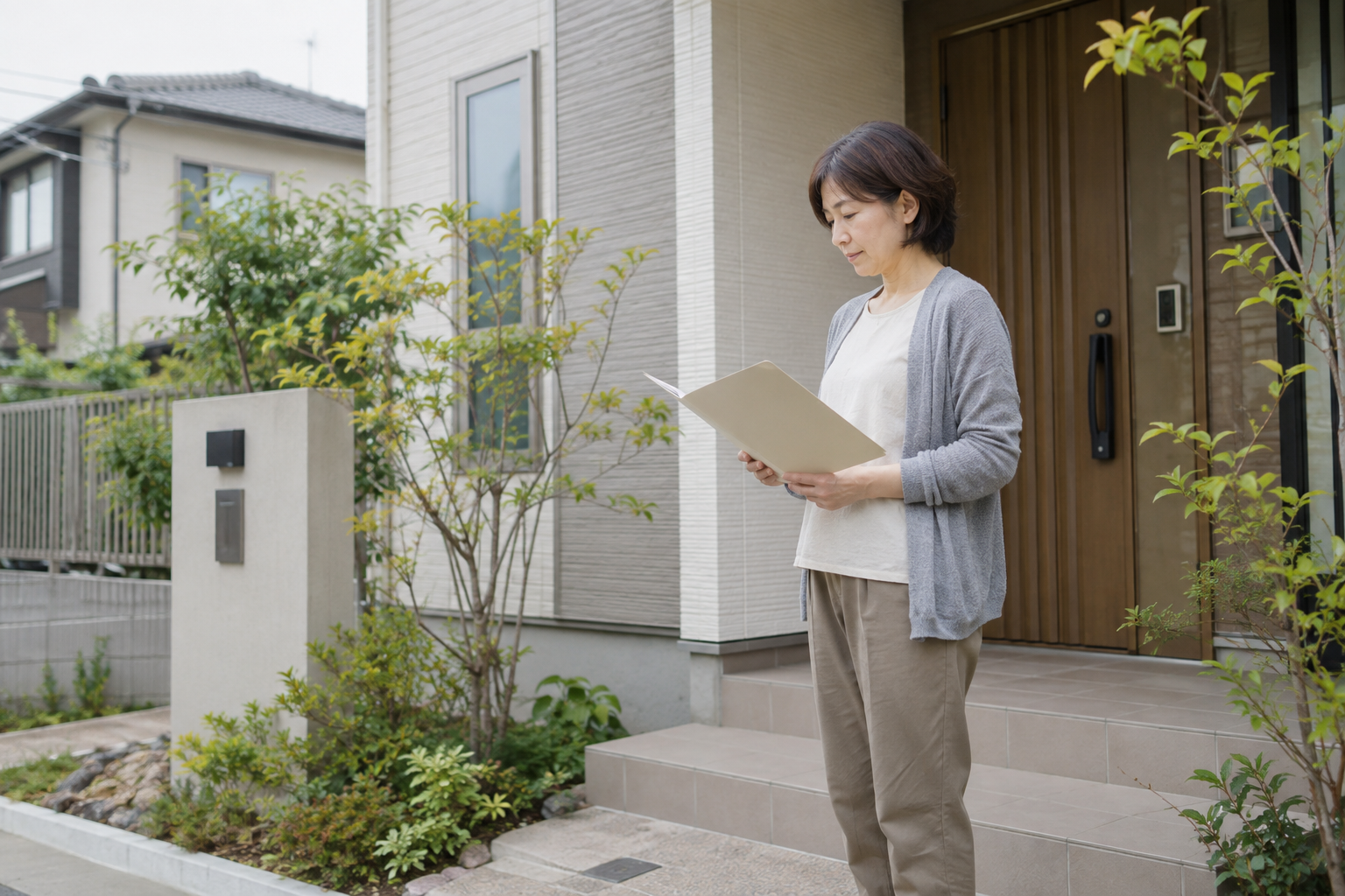 戸建て住宅の玄関前で維持管理の資料を確認する女性