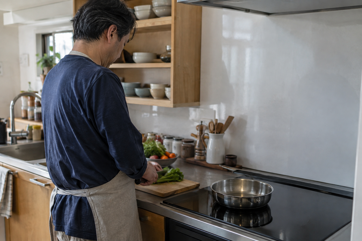 IHのあるキッチンで野菜を準備する男性の後ろ姿