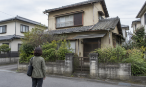 道路から古い戸建て住宅の外観を確認する女性の後ろ姿