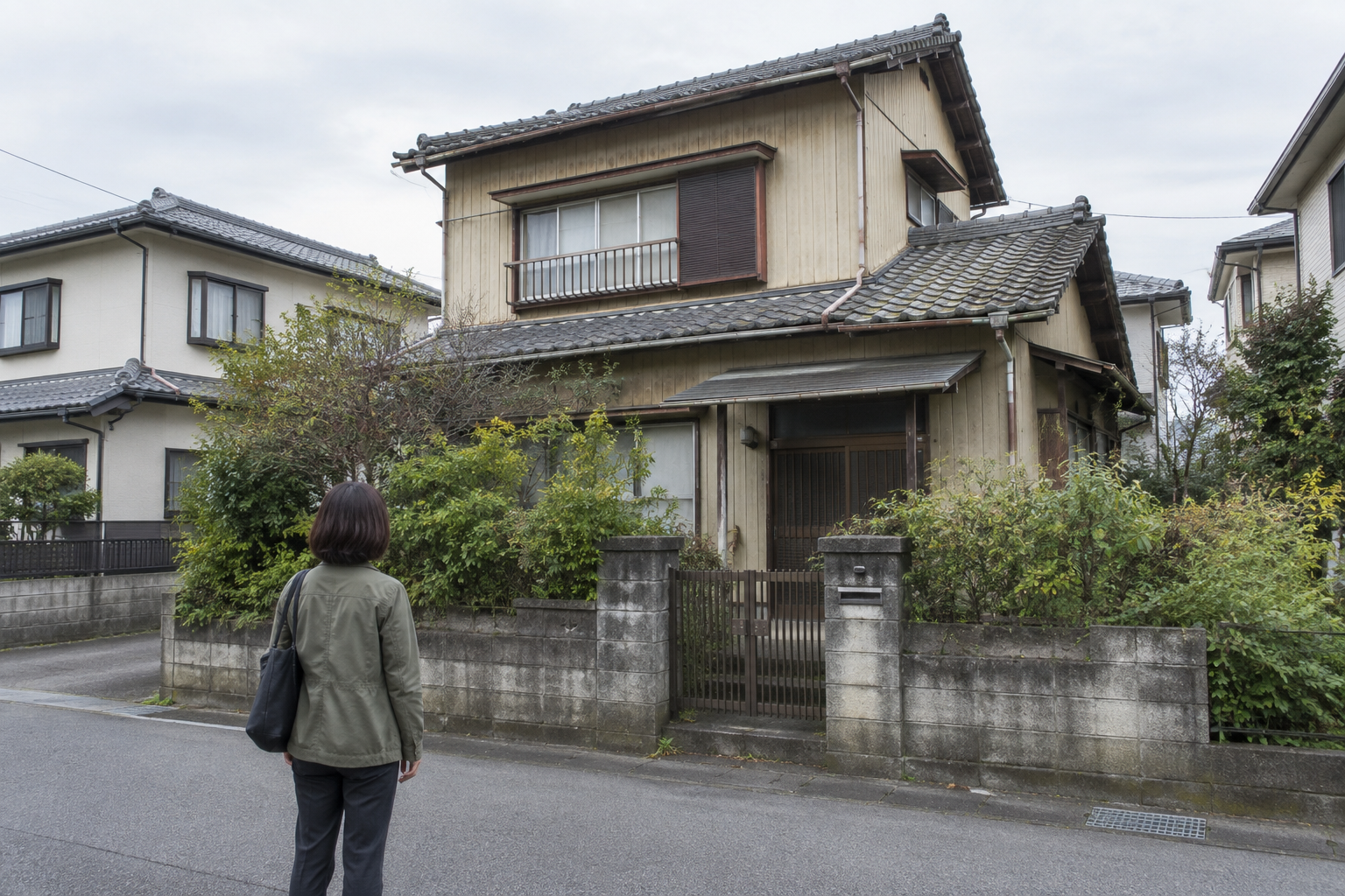 道路から古い戸建て住宅の外観を確認する女性の後ろ姿