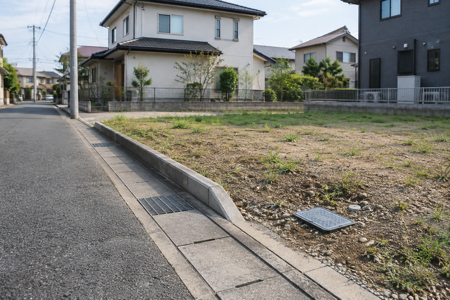 住宅地の道路と空き地の境界にある設備のふた