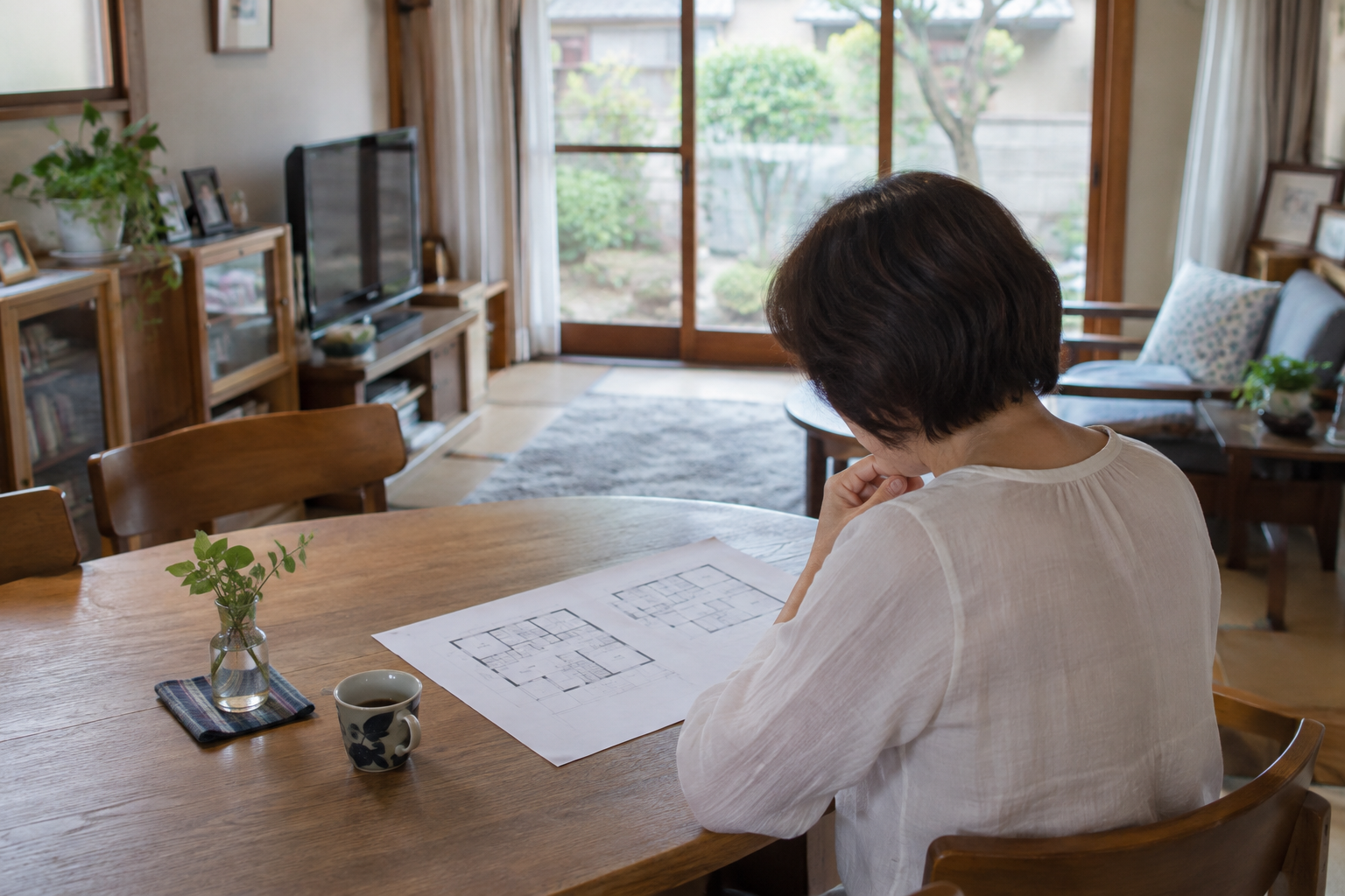住み慣れた家のダイニングで間取り図を確認する女性の後ろ姿
