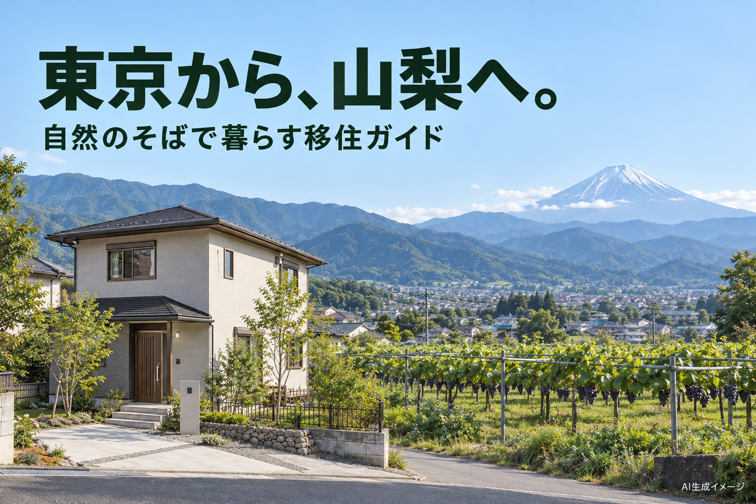 東京から、山梨へ。自然のそばで暮らす移住ガイド。富士山とぶどう畑、住宅を描いたAI生成イメージ